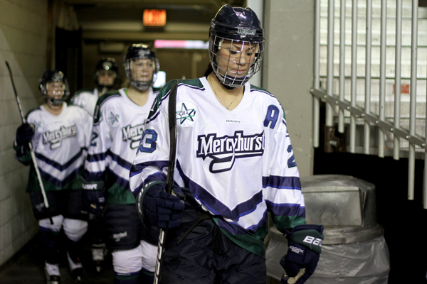 Photo by Ethan Magoc/The Merciad: Mercyhurst College's Jesse Scanzano (23) walks out of the locker room runway for the second period on Friday, Jan. 14, 2011 at Tullio Arena. During the second period, she scored a goal to became the third player in program history to reach 200 points.